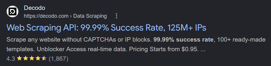Decodo search result advertising a 99.99% success rate web scraping API